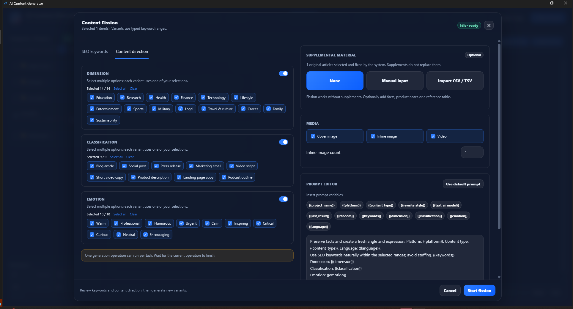 One Brief. A Coordinated Content Matrix · JarveePro — The interface offers 14 directions, 9 formats and 10 tones. These are configuration choices, not completed output counts.