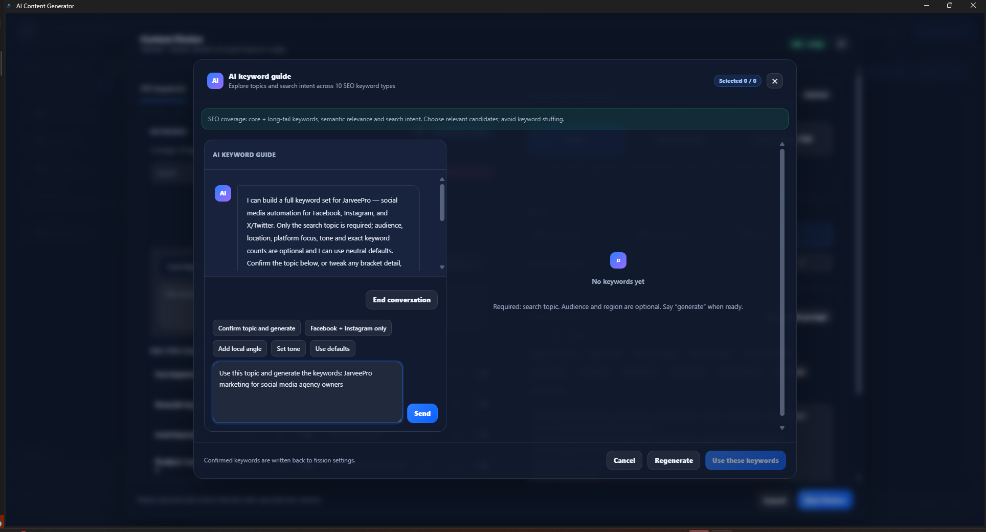 Start with Questions Worth Answering · JarveePro — Keyword planning dialogue before results are generated.