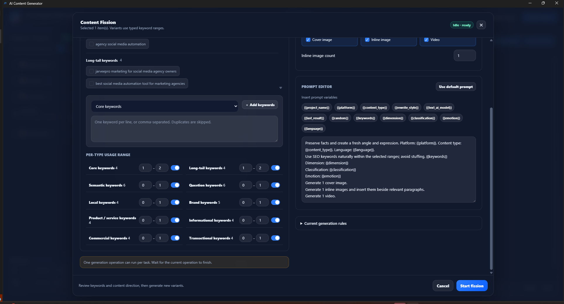 Control Keyword Use, Not Keyword Stuffing · JarveePro — The capture sets core and long-tail terms to 1–2 each, with per-category ranges and switches.