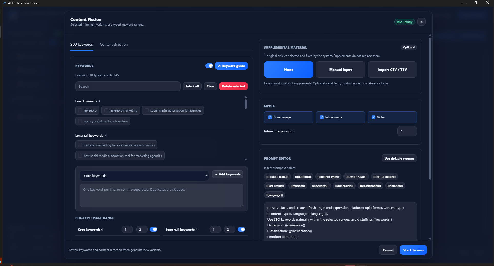 Research Becomes a Production Input · JarveePro — This configuration shows 10 keyword categories and 45 selected terms, not a capacity limit.