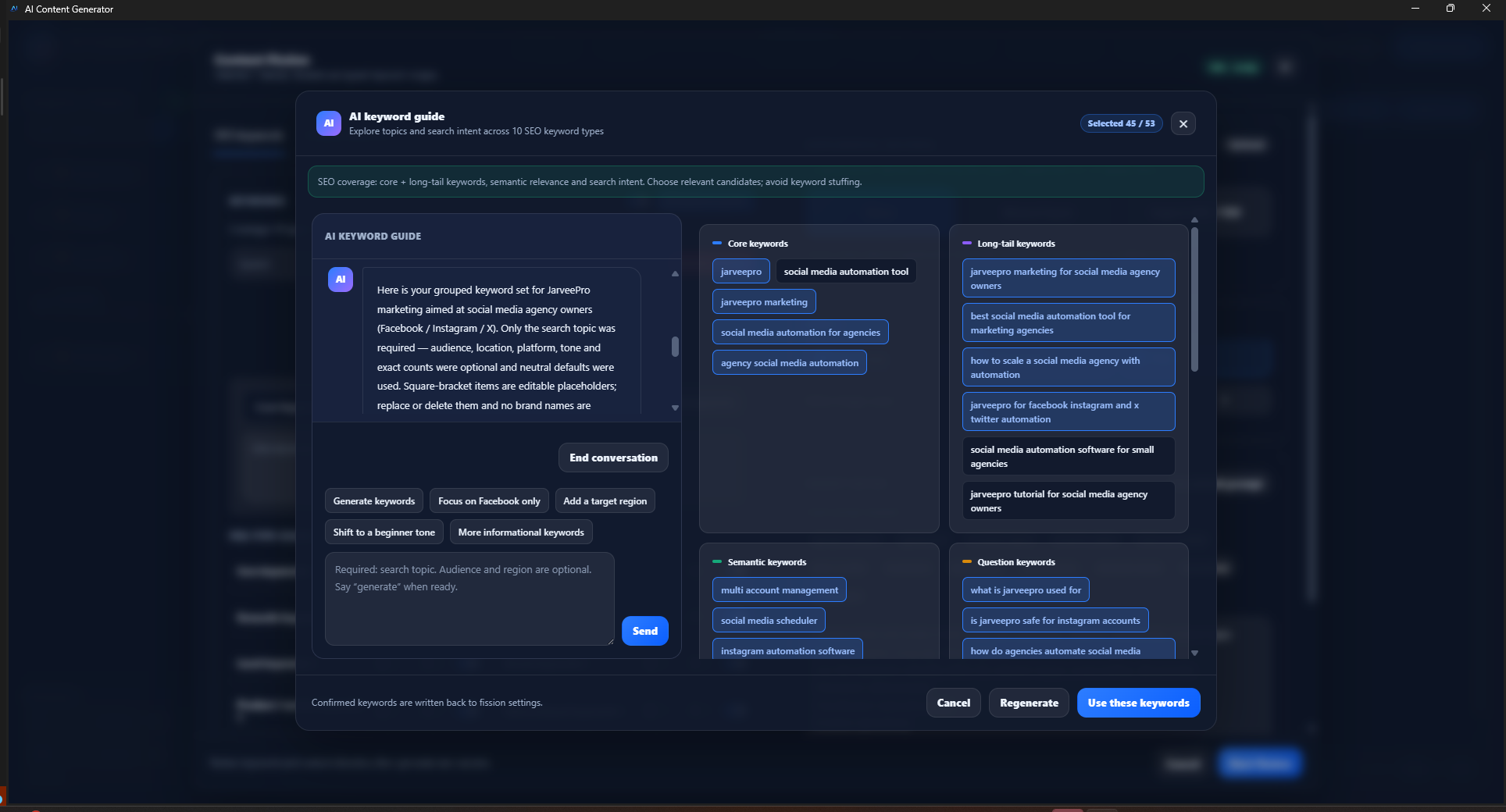 Turn Customer Questions into Content Opportunities · JarveePro — 45 of 53 suggestions selected in this capture. AI suggestions are not live search-volume data or ranking guarantees.