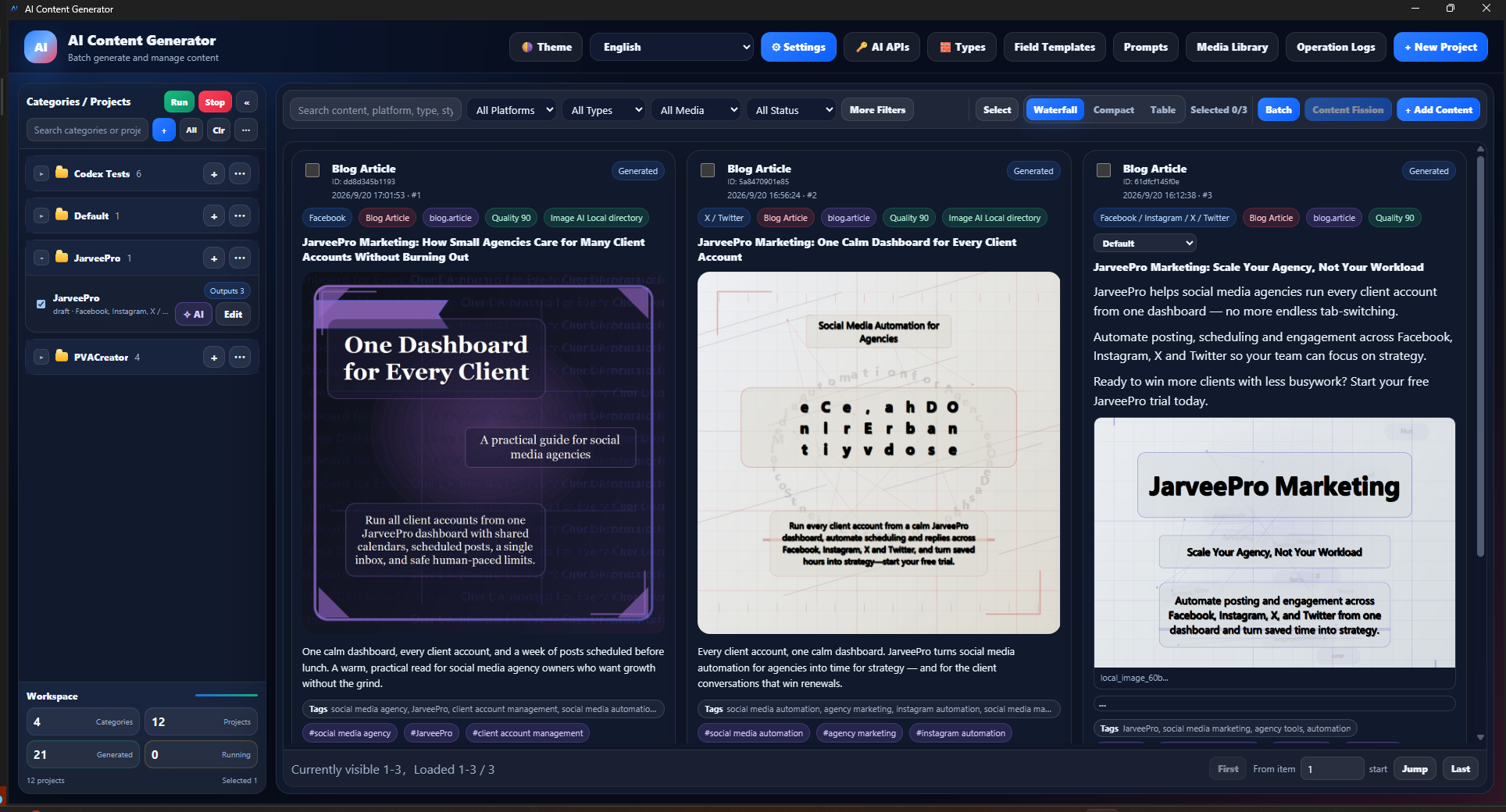 Keep Batch Outputs Organized and Reviewable · JarveePro — A separate library snapshot: 12 projects and 21 generated items. Quality labels are internal indicators, not accuracy certification.