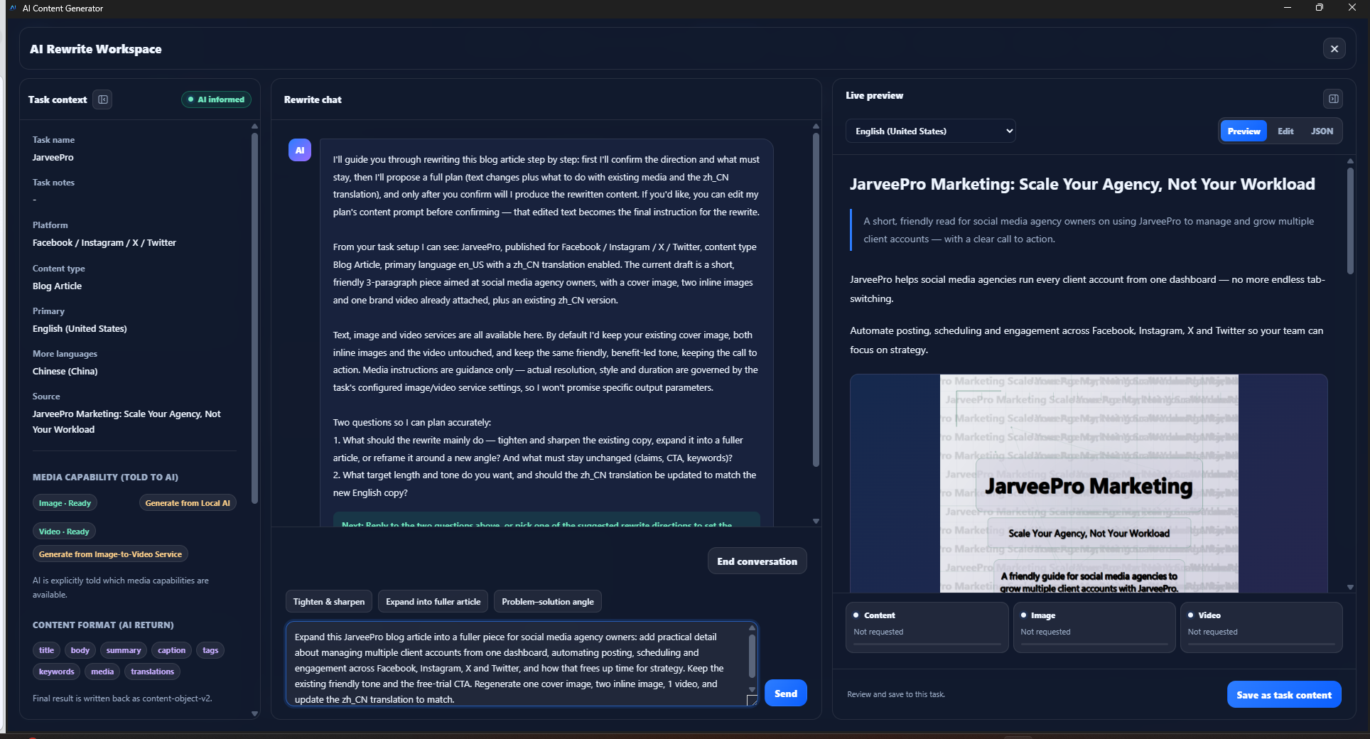 Keep the Facts. Improve the Fit · JarveePro — Rewrite briefing before changes; existing media can be retained or regenerated.