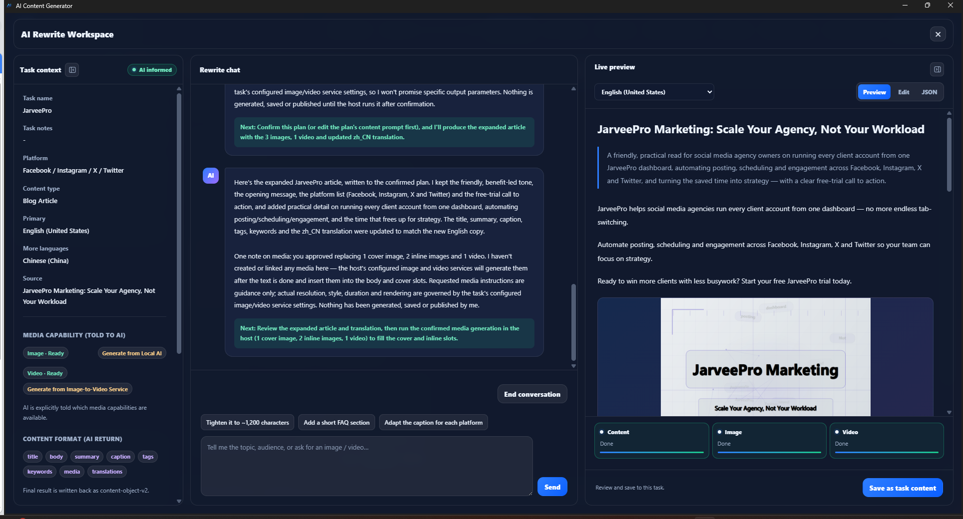 Review the Result Before Using It in a Task · JarveePro — Content, image and video show Done. Generation completed does not mean published.