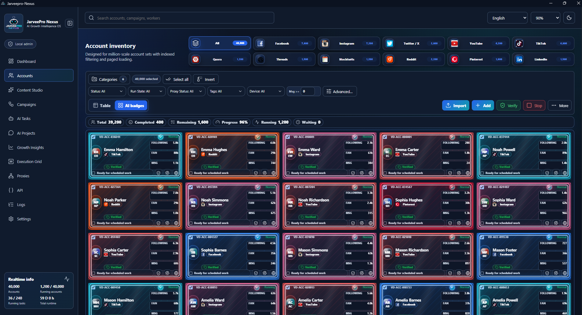 Real JarveePro account matrix showing 11 platform categories, 40,000 accounts, bulk filters and colorful account cards.