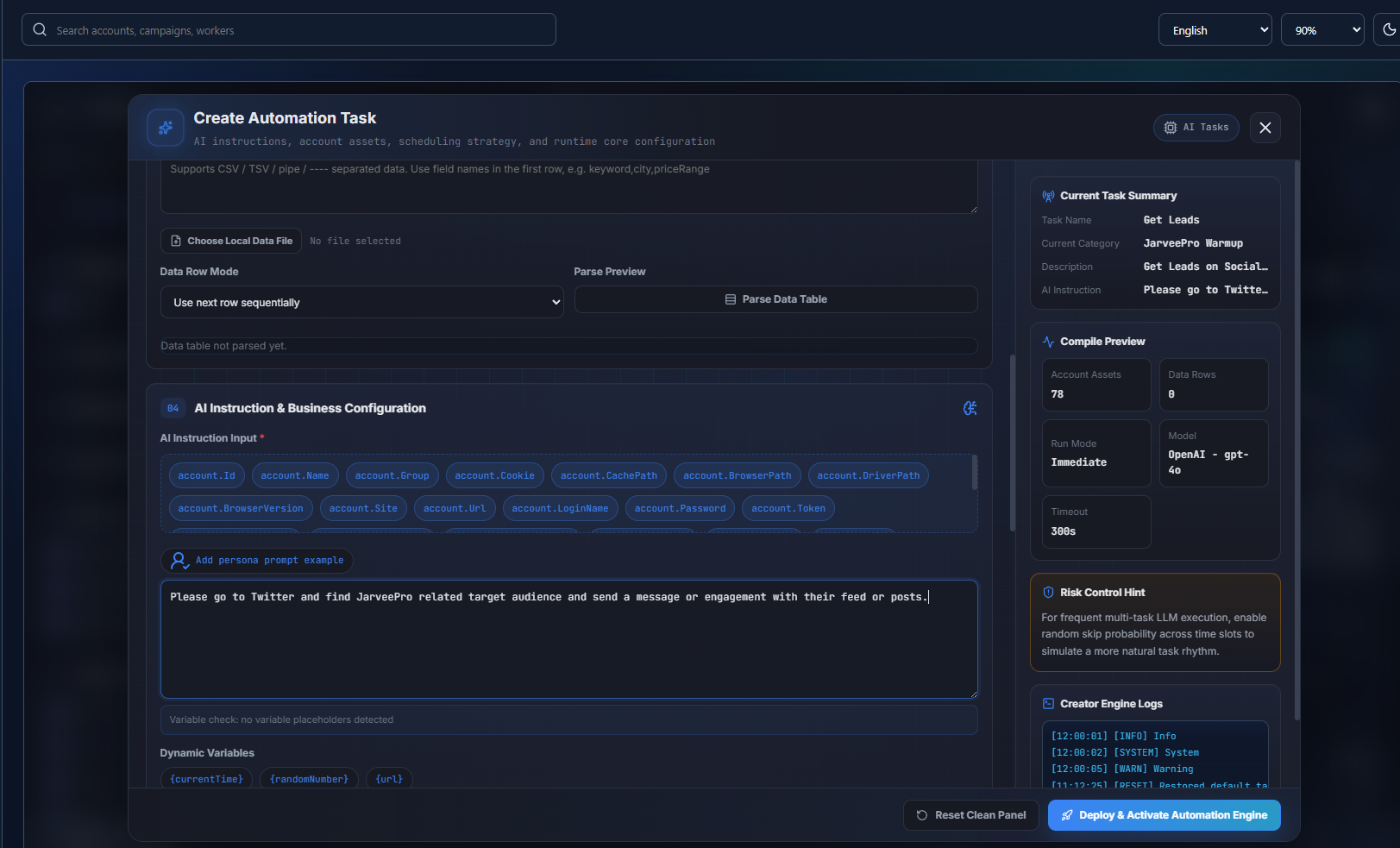 Real JarveePro AI task creation screen with a natural-language instruction, account variables, 78 account assets, model selection and a 300-second timeout.